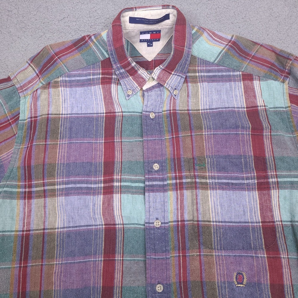 Vintage Tommy Hilfiger Linen Shirt‎ Mens Medium Colorful Plaid Relaxed Oversized